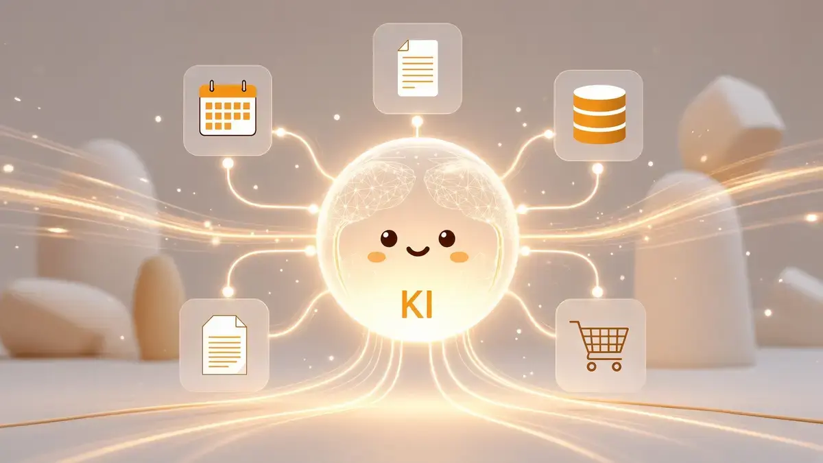 Freundliche KI-Kugel, verbunden mit Kalender, Dokumenten, Datenbank und Warenkorb